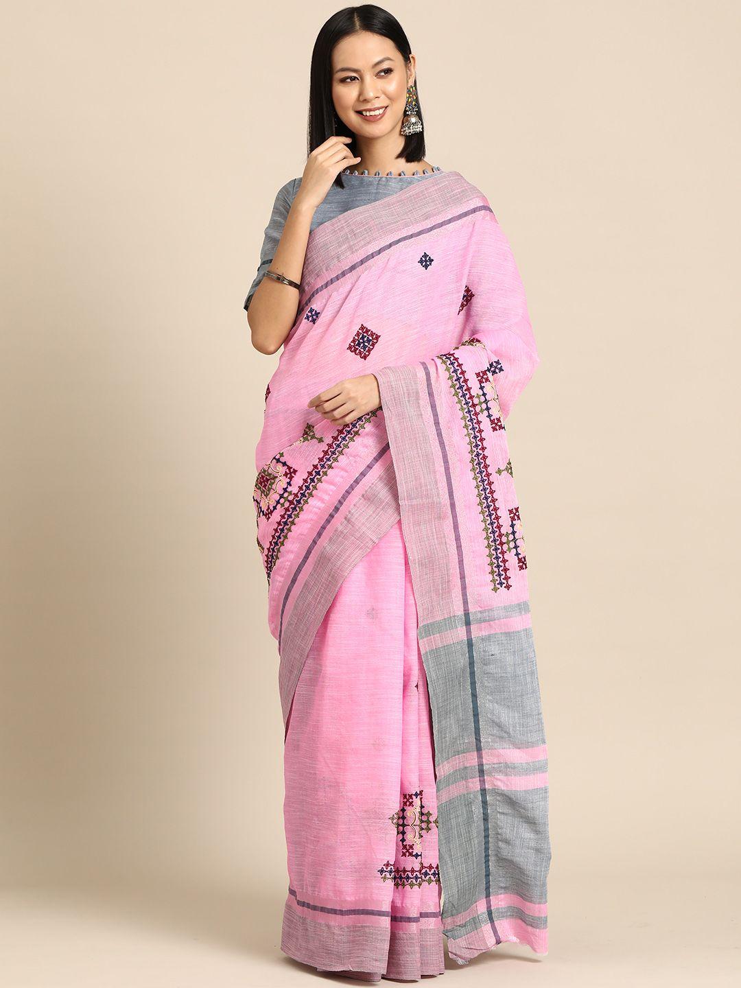 serona fabrics geometric embroidered linen cotton saree