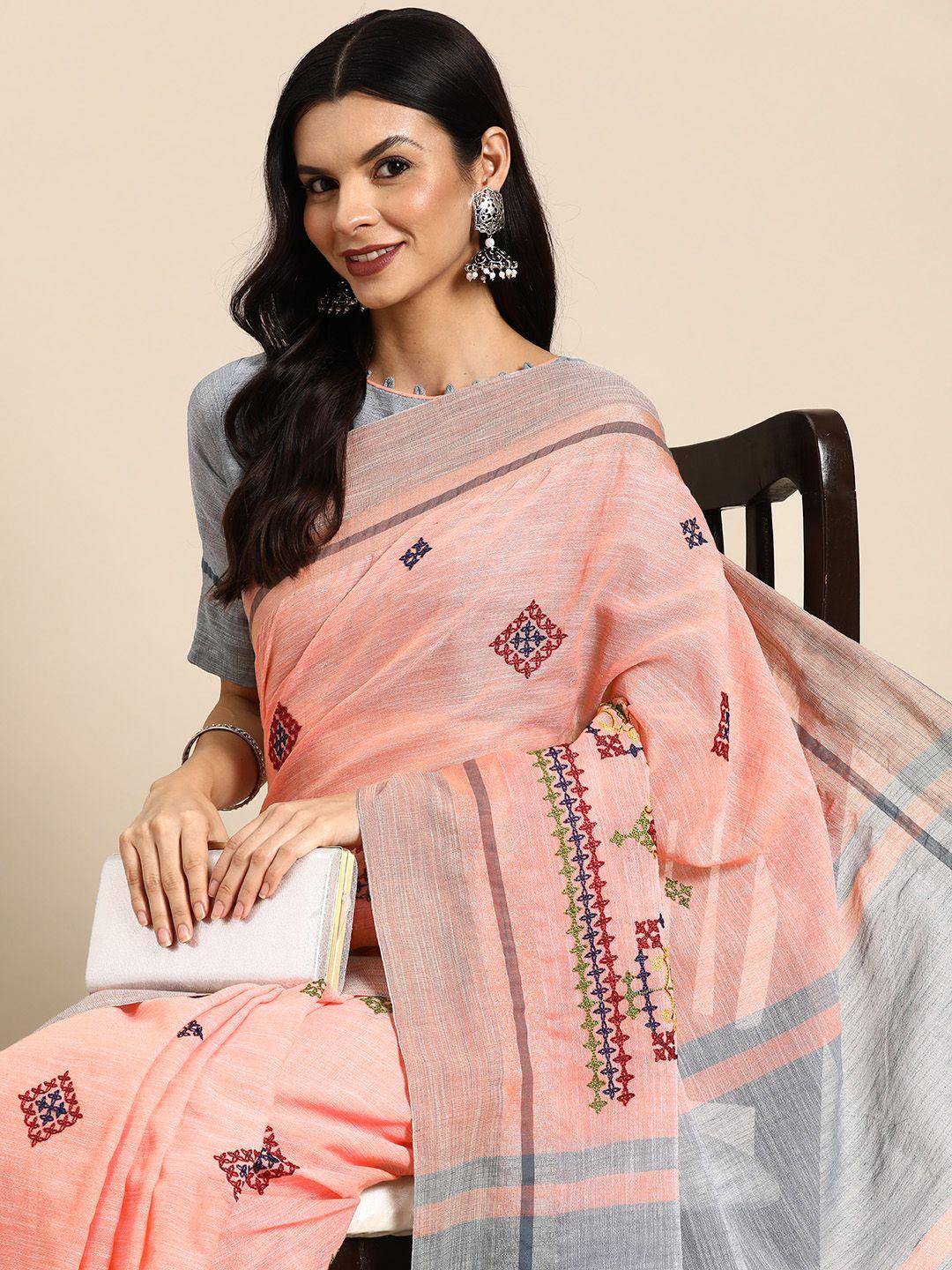 serona fabrics geometric embroidered linen cotton saree