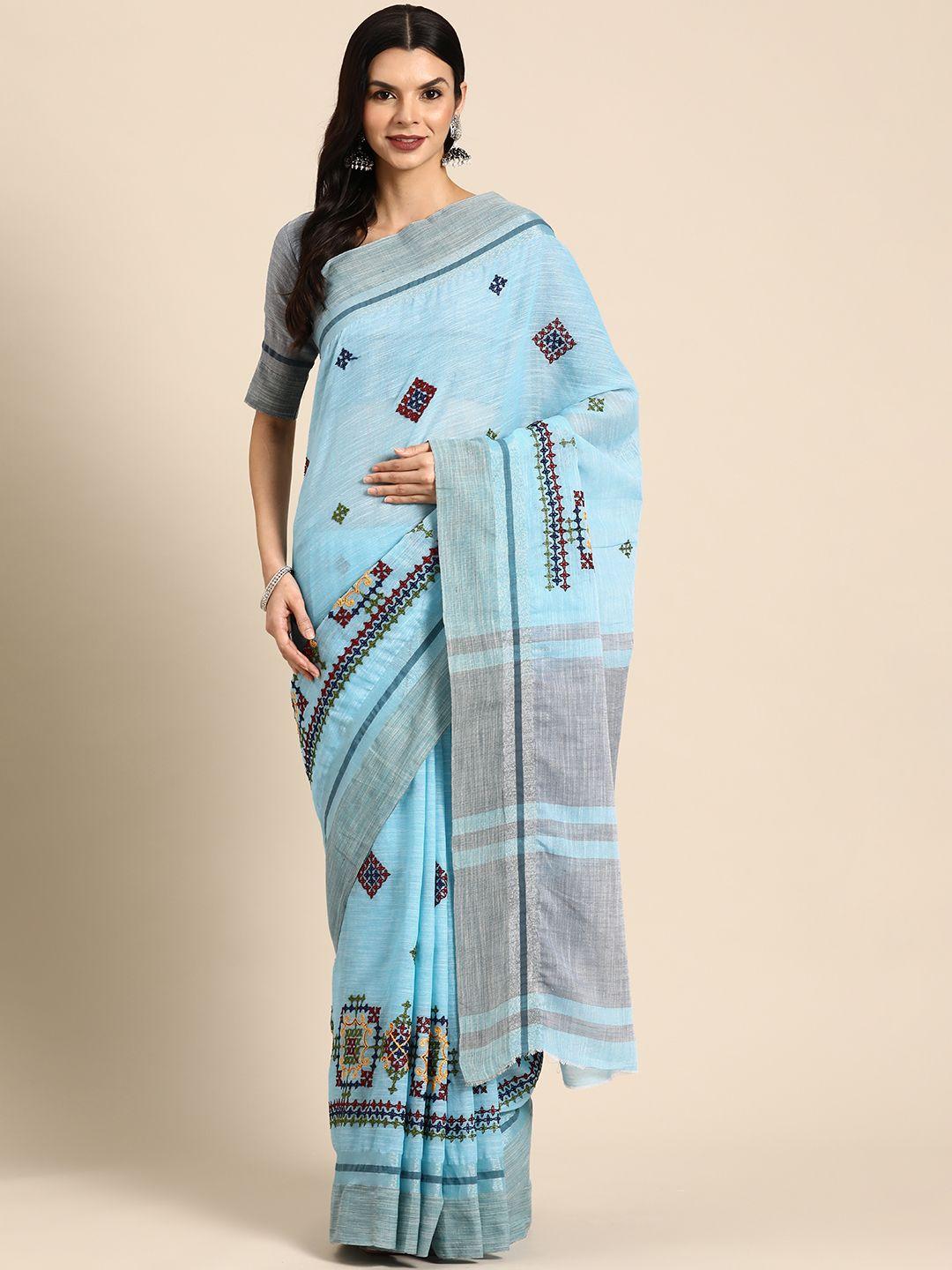 serona fabrics geometric embroidered linen cotton saree