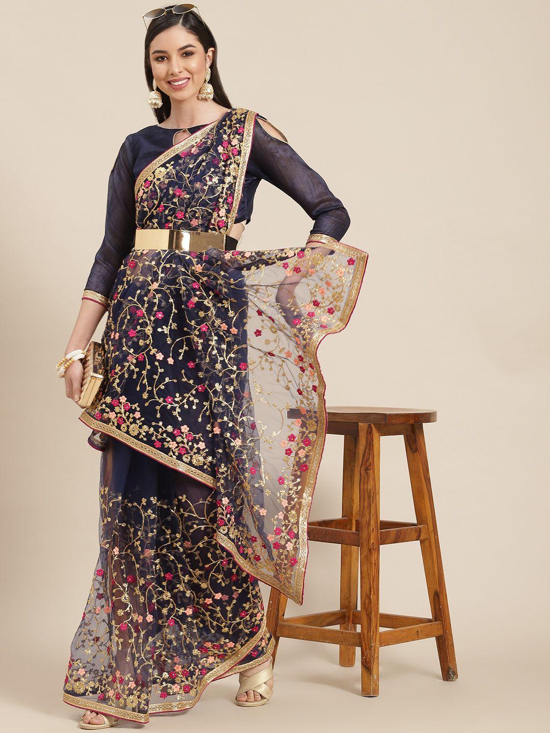serona fabrics golden & pink ethnic motifs embroidered net saree