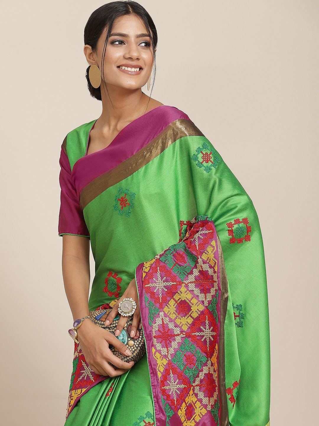 serona fabrics green & pink kutchi embroidery saree