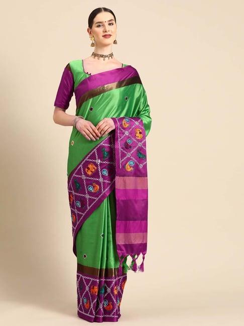 serona fabrics green & purple embroidered saree with unstitched blouse