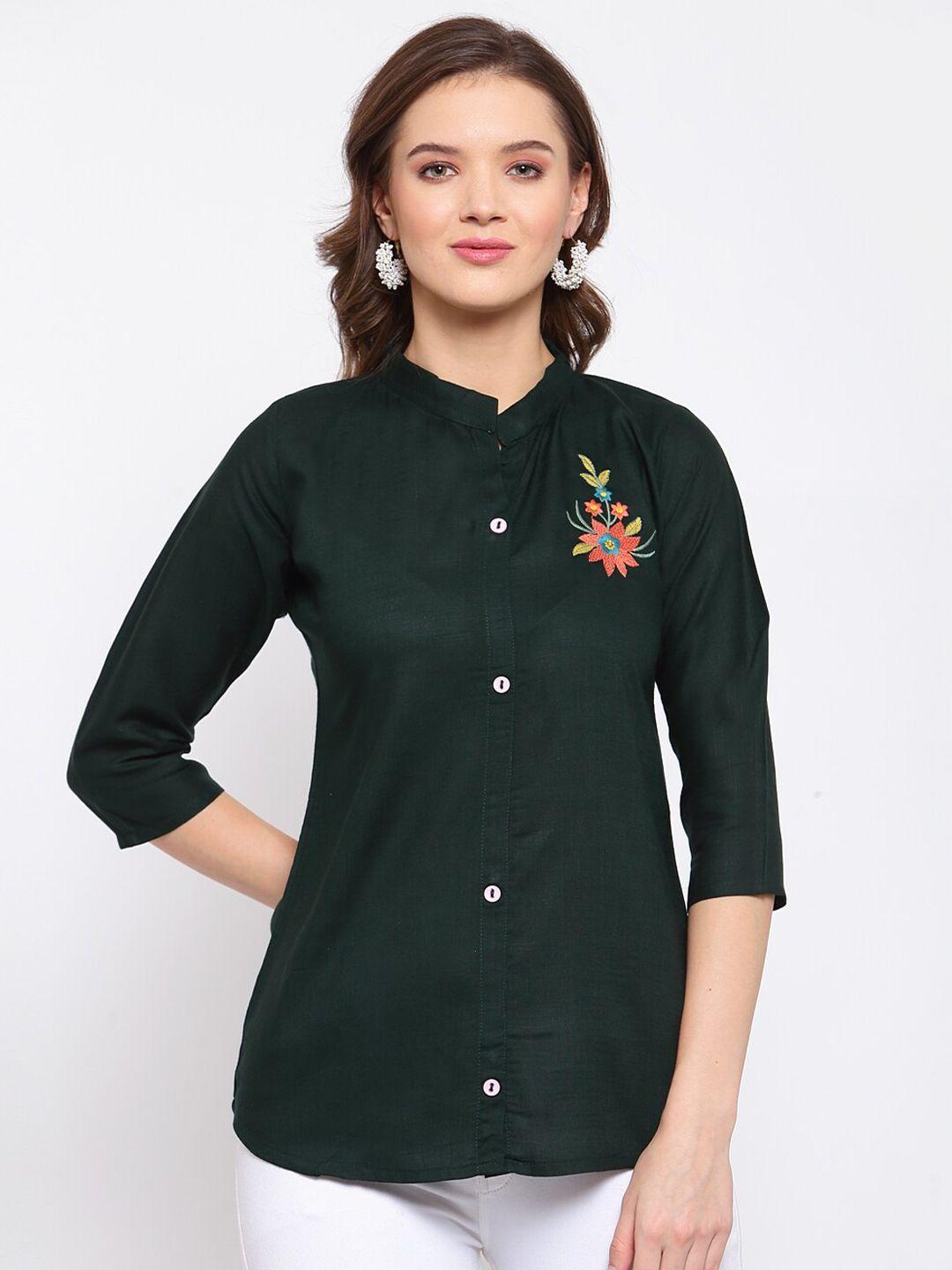 serona fabrics green band collar placement print shirt style top