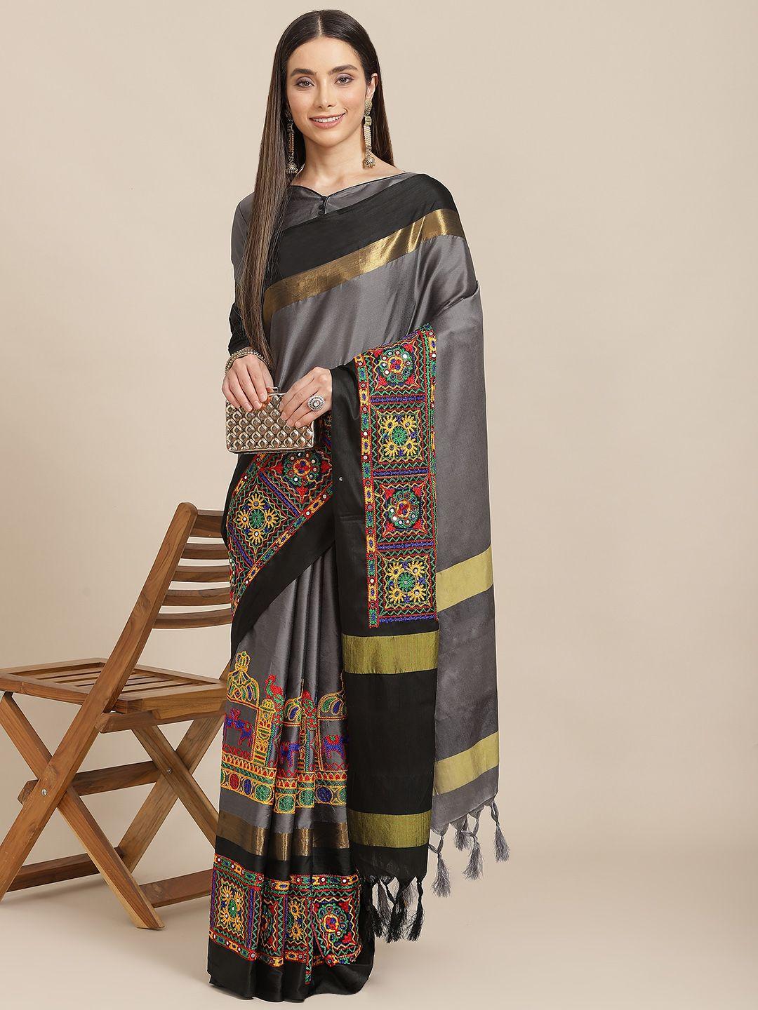 serona fabrics grey & black ethnic motifs mirror work silk cotton saree