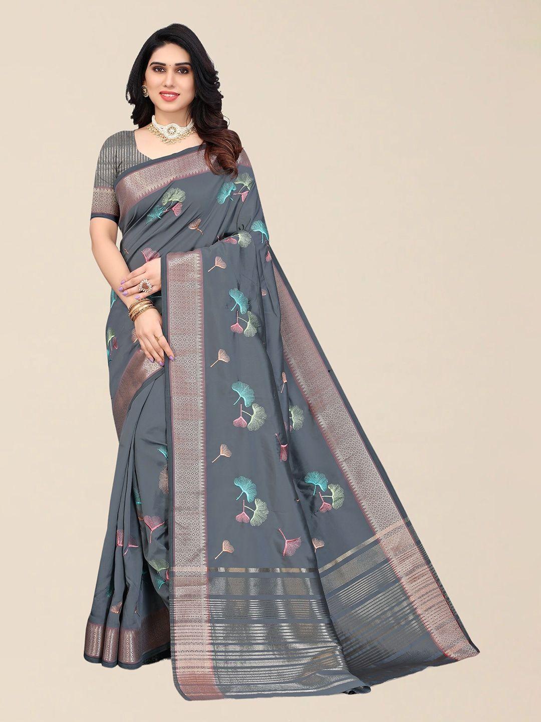 serona fabrics grey & pink floral embroidered silk cotton saree