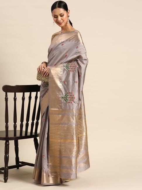 serona fabrics grey cotton silk embroidered saree with unstitched blouse