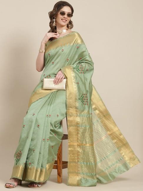 serona fabrics light green cotton silk embroidered saree with unstitched blouse