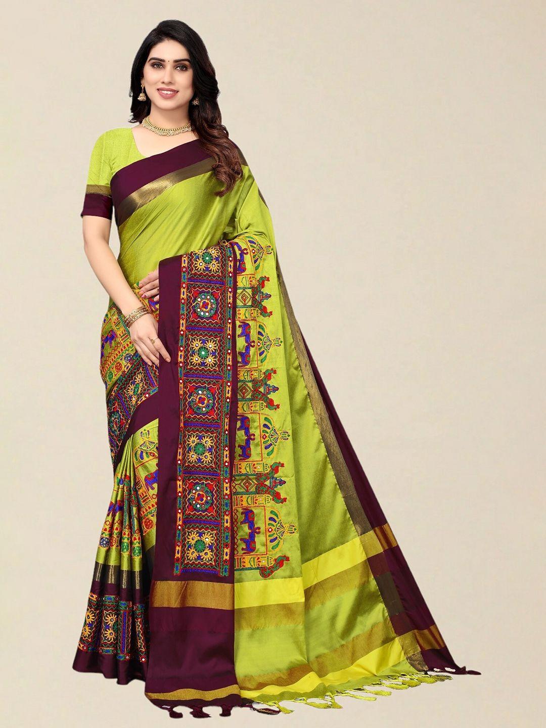 serona fabrics lime green & purple ethnic motifs kutchi embroidery silk cotton saree