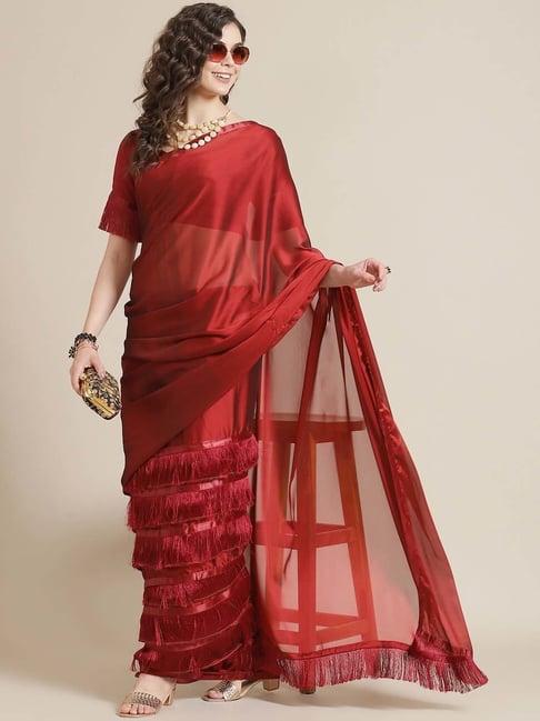 serona fabrics maroon ruffle saree with unstitched blouse