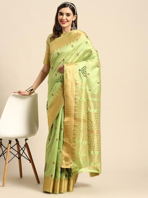 serona fabrics mint green cotton silk embroidered saree with unstitched blouse