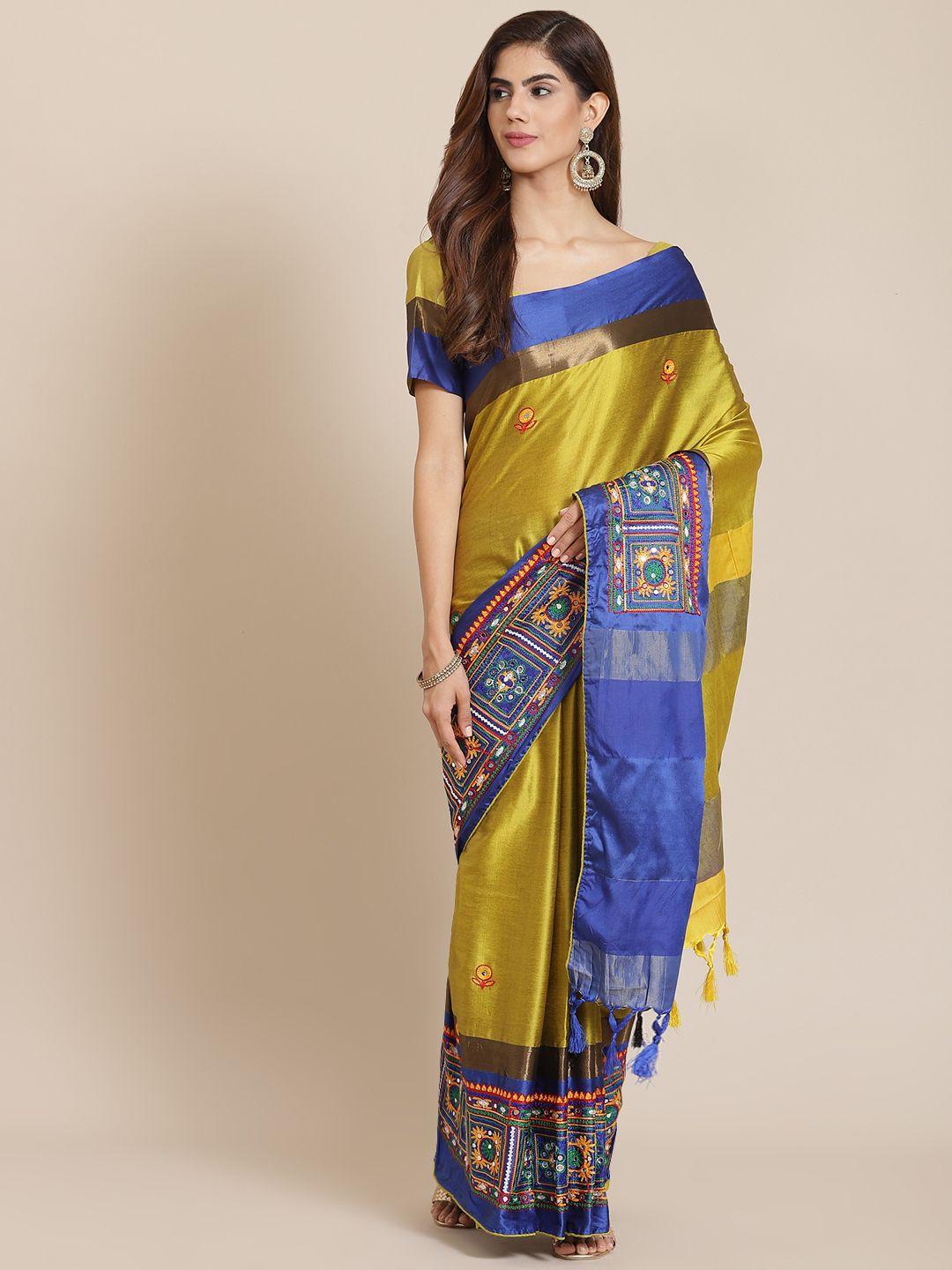 serona fabrics mustard yellow ethnic motifs embroidered mirror work silk cotton saree