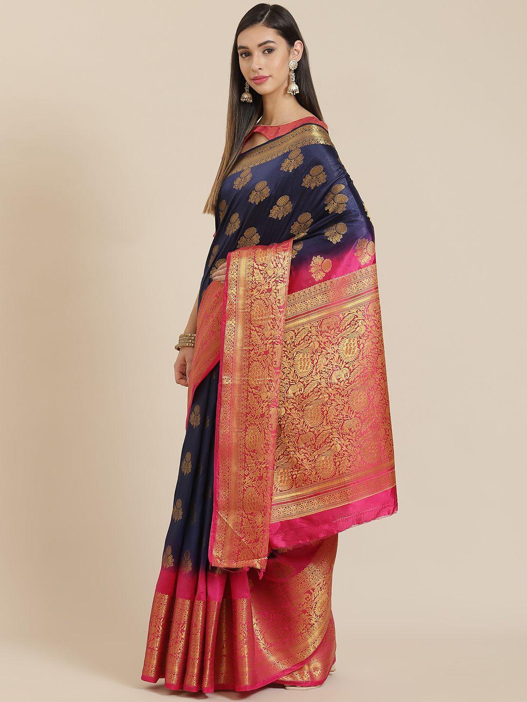 serona fabrics navy blue ethnic motifs zari silk blend banarasi saree
