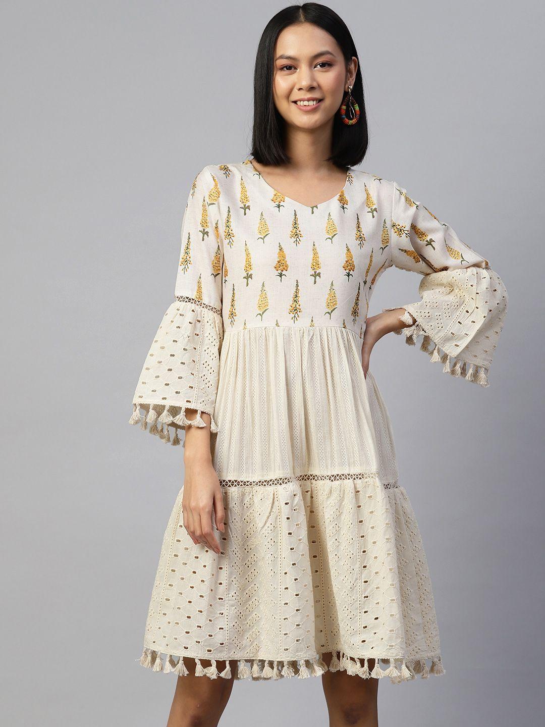 serona fabrics off white & yellow floral ethnic cotton a-line dress