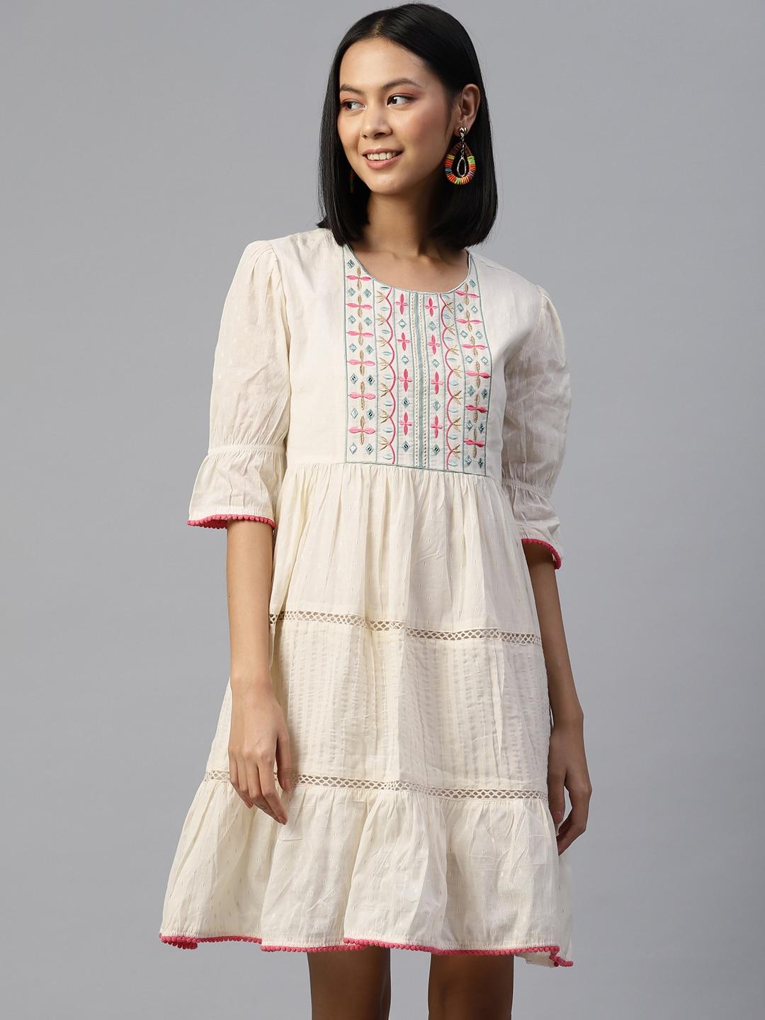 serona fabrics off white floral embroidered cotton ethnic a-line dress