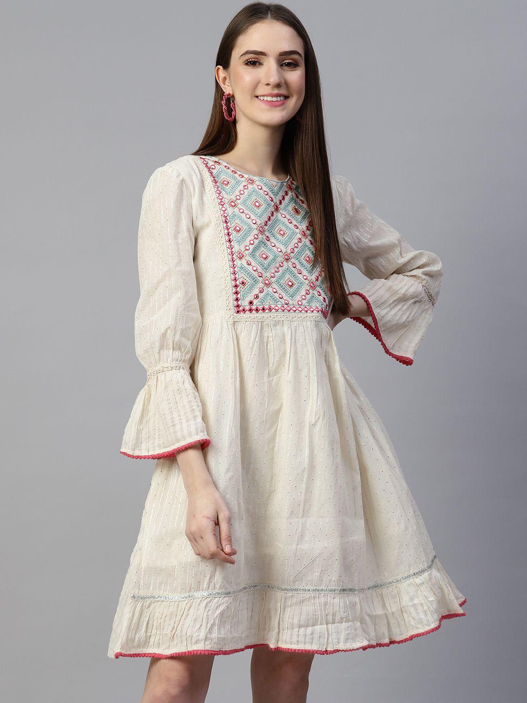 serona fabrics off white floral embroidered ethnic cotton a-line dress