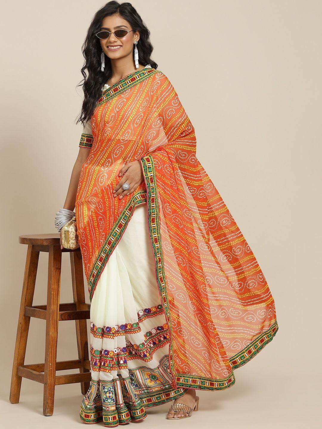 serona fabrics orange & off white bandhani kutchi embroidery pure georgette saree