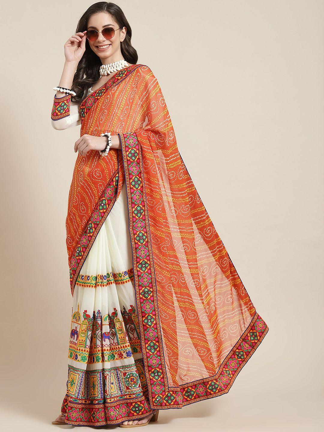 serona fabrics orange & off-white mirror work pure georgette half and half bandhani saree