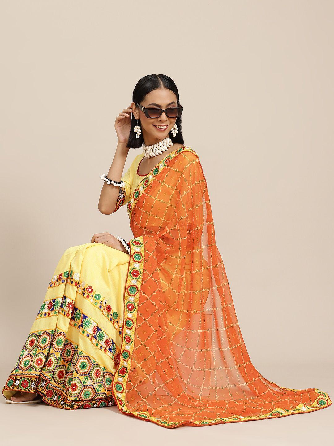 serona fabrics orange & yellow ethnic motifs embroidered pure georgette half and half bandhani saree