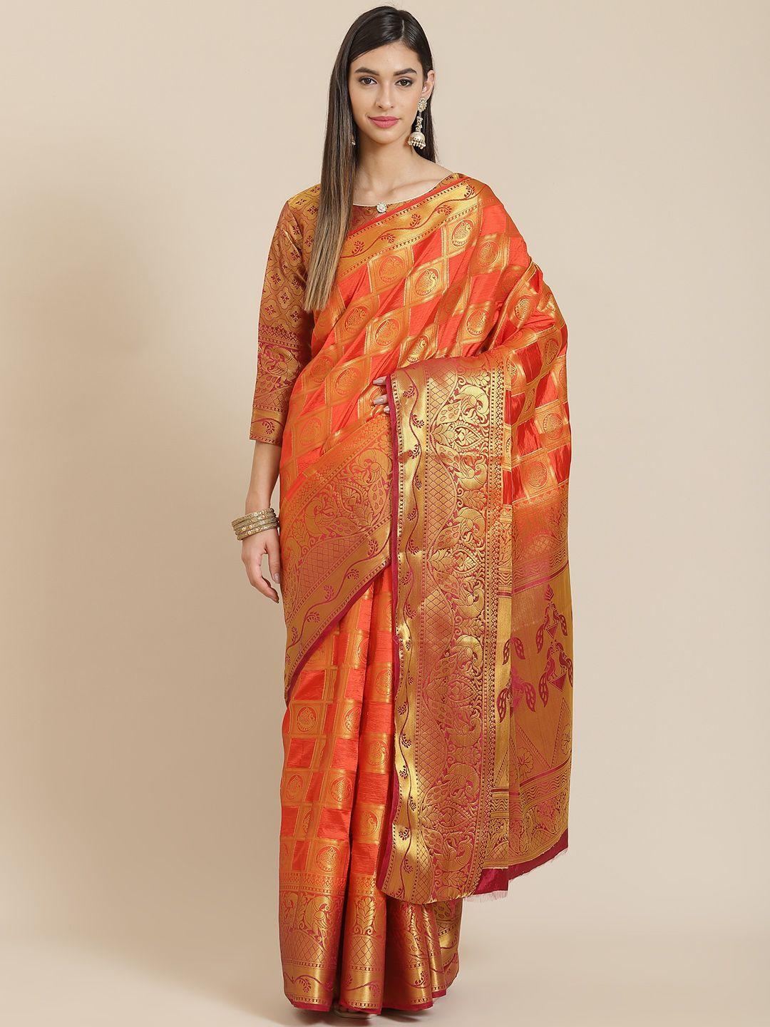 serona fabrics orange ethnic motifs zari jacquard silk blend banarasi saree