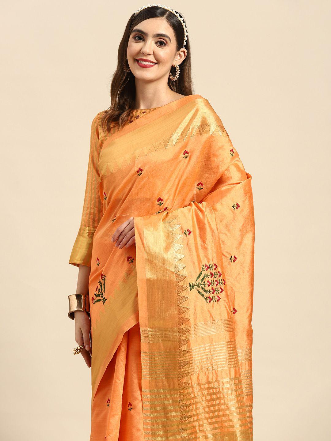 serona fabrics orange floral embroidered silk cotton saree