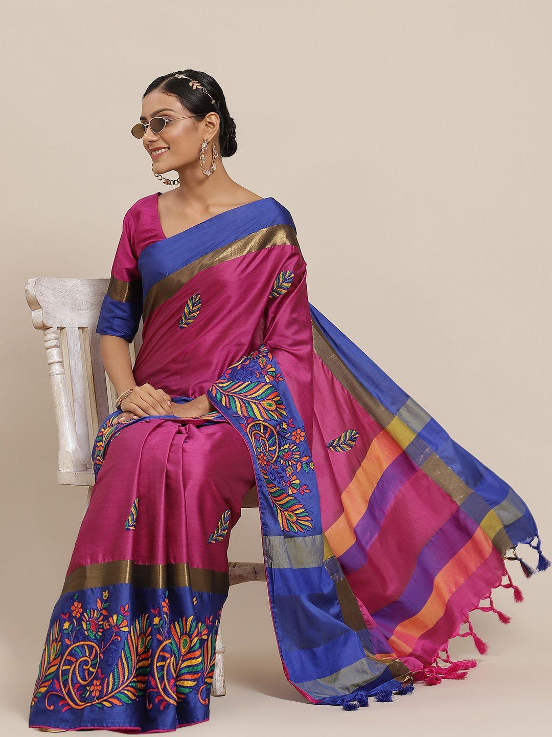 serona fabrics pink & blue ethnic motifs embroidered silk cotton saree