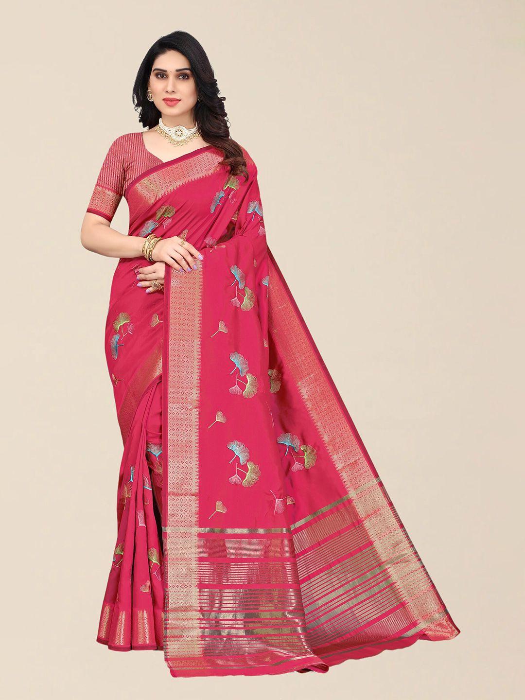 serona fabrics pink & blue floral embroidered silk cotton saree