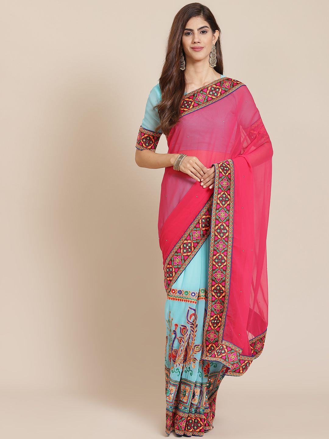 serona fabrics pink & blue floral pure georgette half and half saree