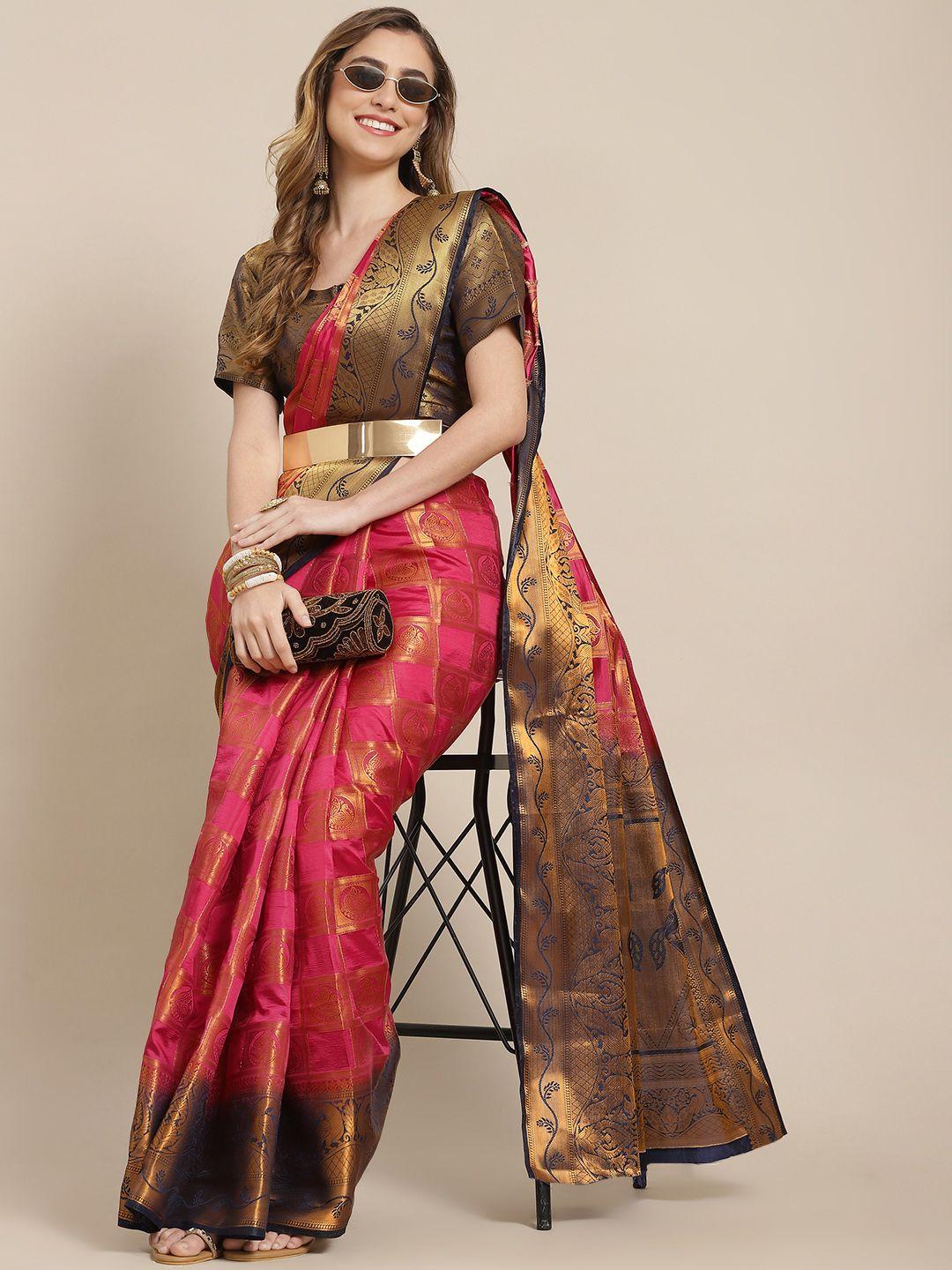 serona fabrics pink & navy blue ethnic motifs zari silk blend ready to wear banarasi saree