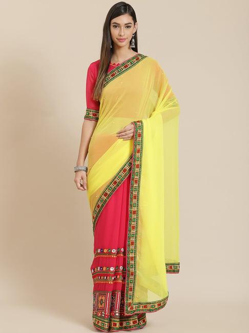 serona fabrics pink & yellow embroidered saree with unstitched blouse