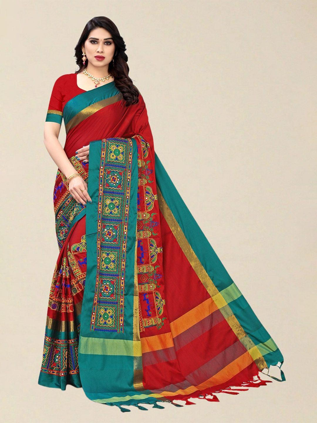 serona fabrics red & green embellished kutchi embroidery silk cotton  saree