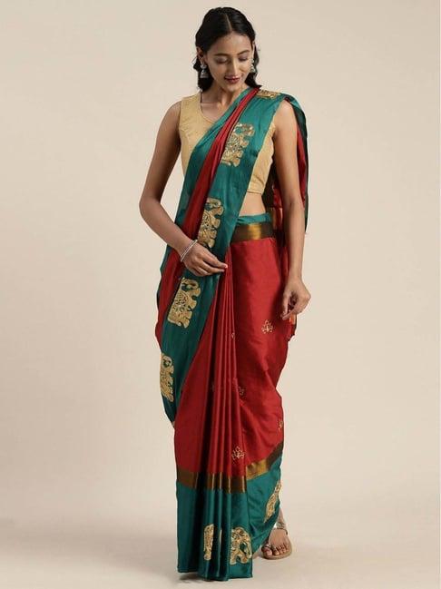 serona fabrics red & green embroidered saree with unstitched blouse