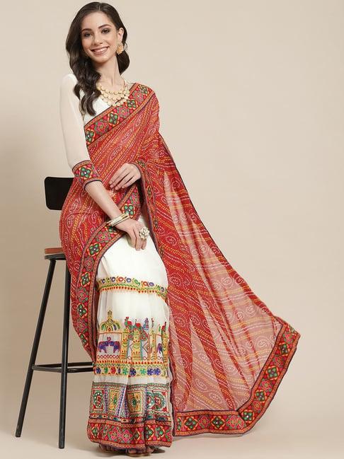 serona fabrics red & white embroidered saree with unstitched blouse