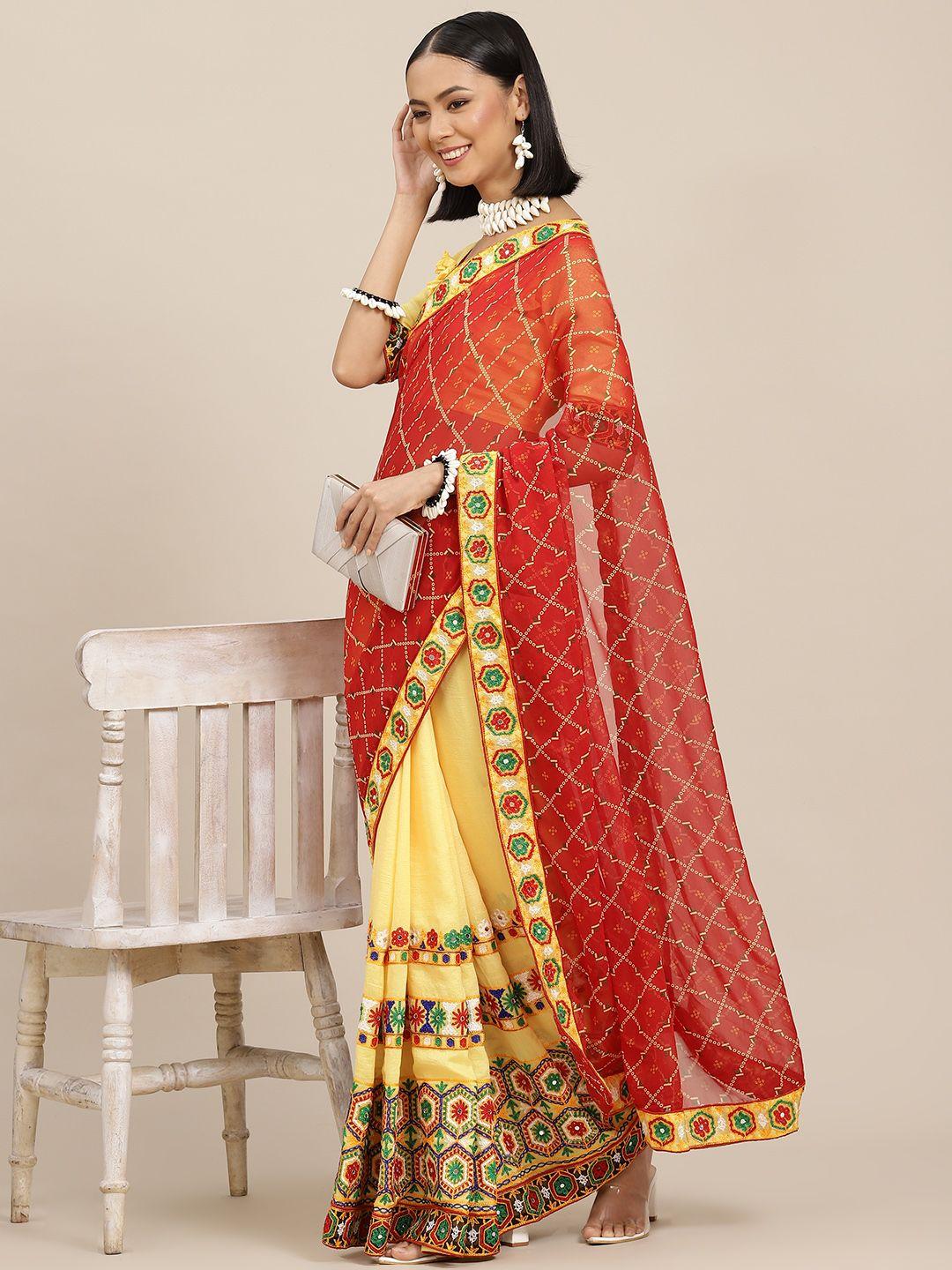 serona fabrics red & yellow bandhani embroidered pure georgette half and half bandhani saree