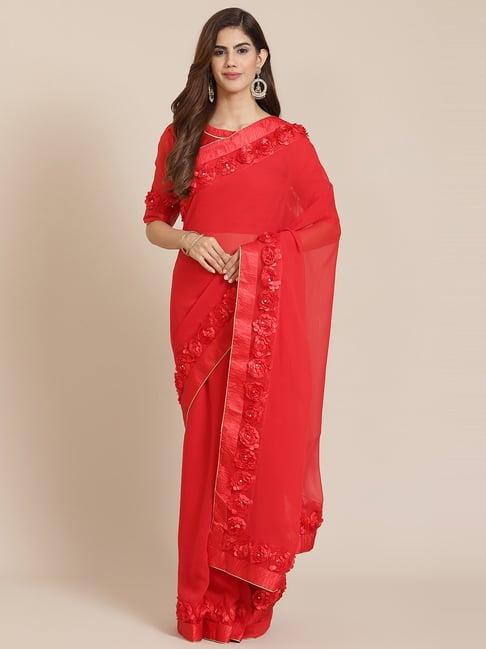 serona fabrics red embellished saree with unstitched blouse