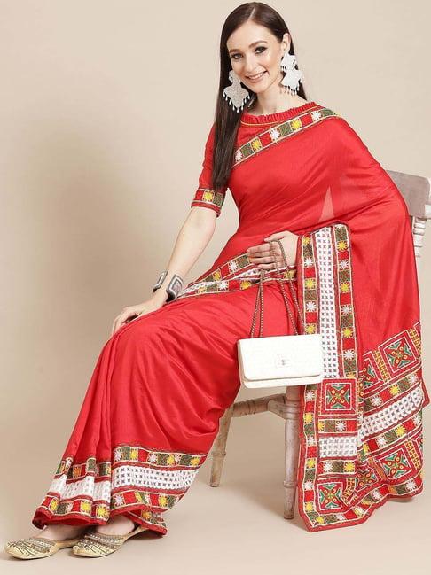 serona fabrics red silk embroidered saree with unstitched blouse