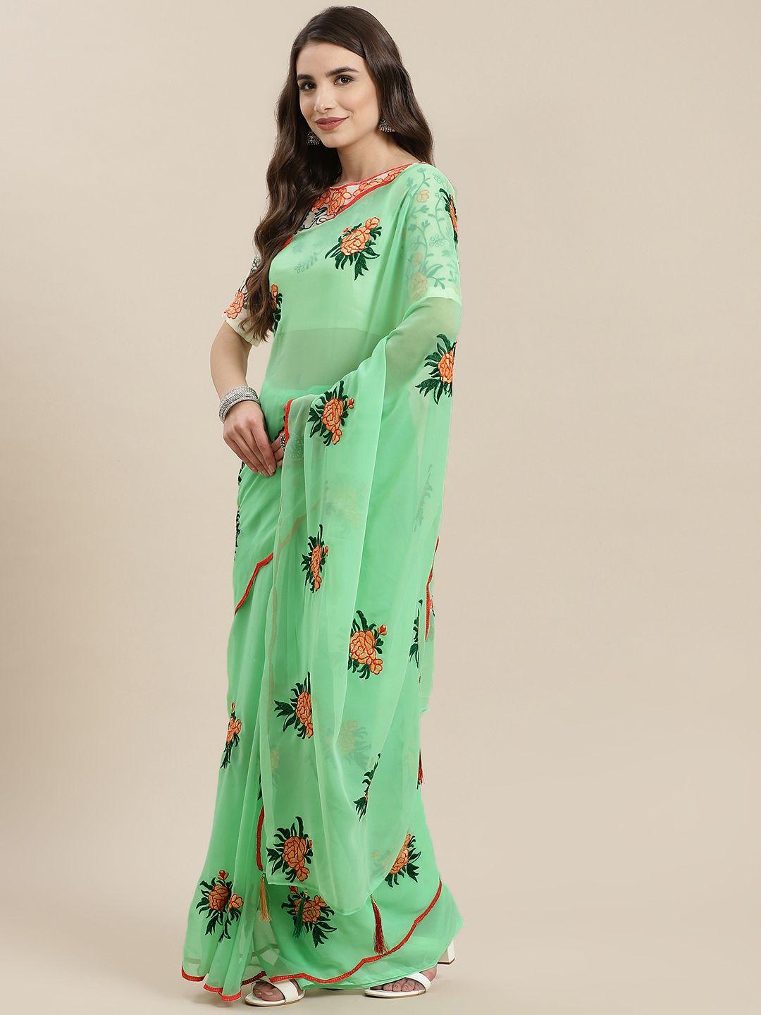 serona fabrics sea green floral embroidered saree