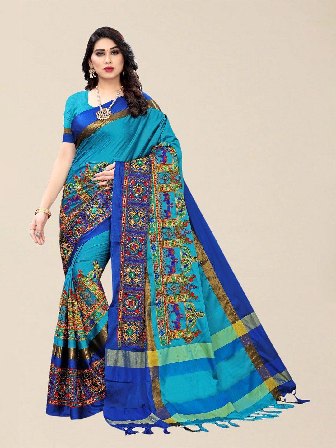 serona fabrics turquoise blue & yellow ethnic motifs kutchi embroidery silk cotton  saree