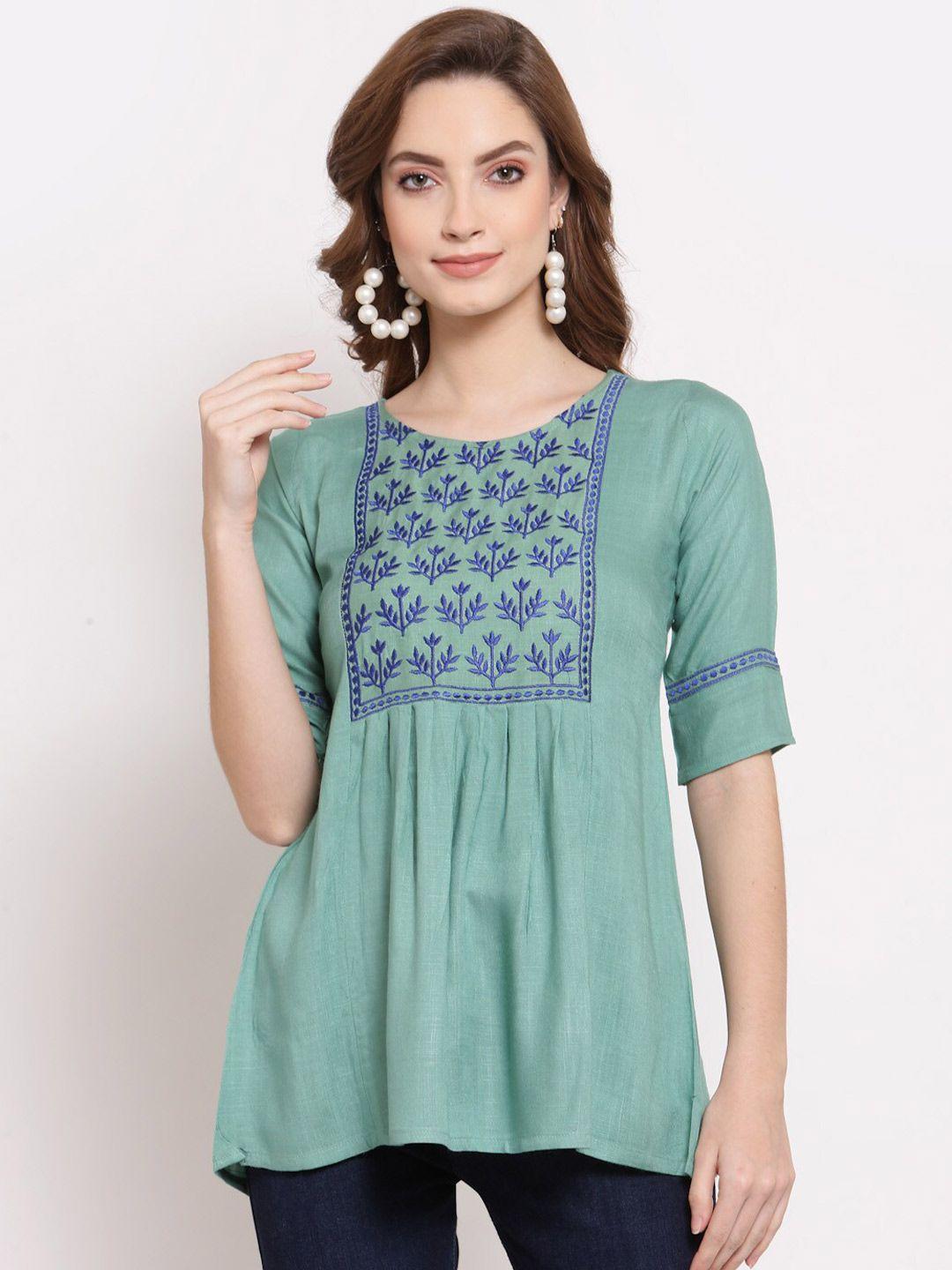 serona fabrics turquoise blue floral embroidered kurti
