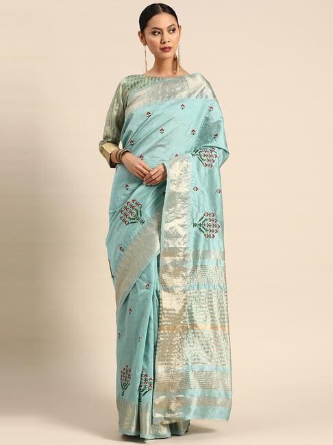 serona fabrics turquoise cotton silk embroidered saree with unstitched blouse