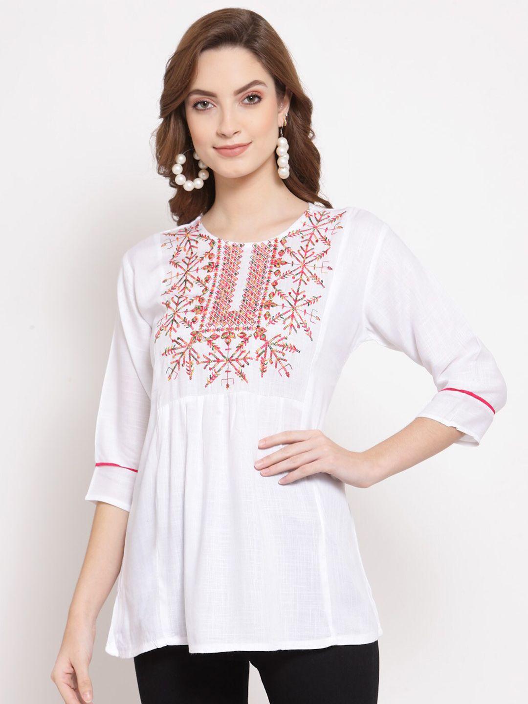 serona fabrics white & pink floral embroidered anarkali kurti