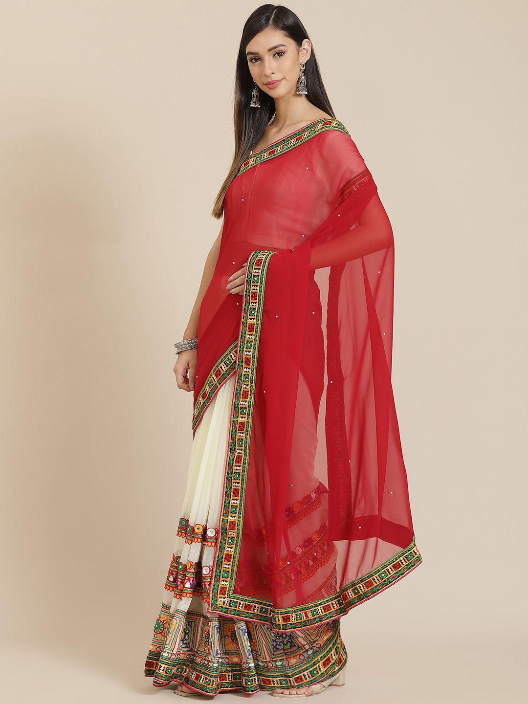 serona fabrics white & red ethnic motifs kutchi embroidery beaded half and half saree