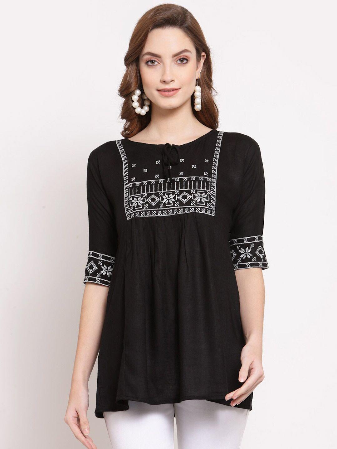 serona fabrics woman black & white floral embroidered kurti