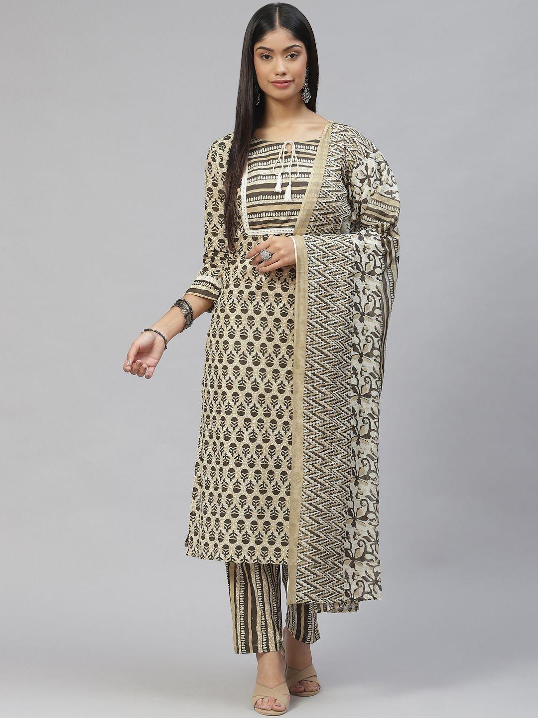 serona fabrics women beige ethnic motifs printed pure cotton kurta with trousers & with dupatta