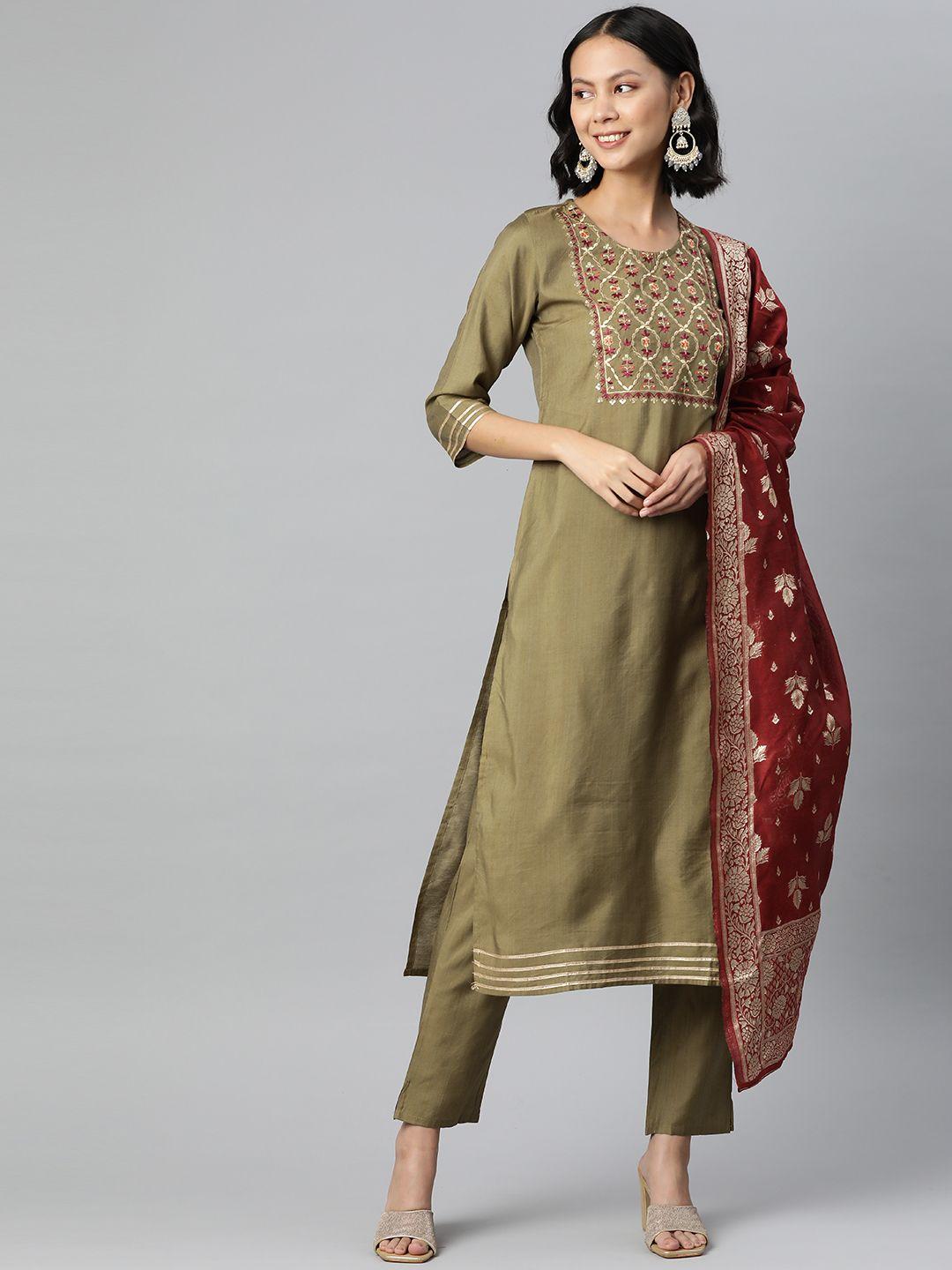 serona fabrics women beige floral embroidered kurta with trousers & dupatta