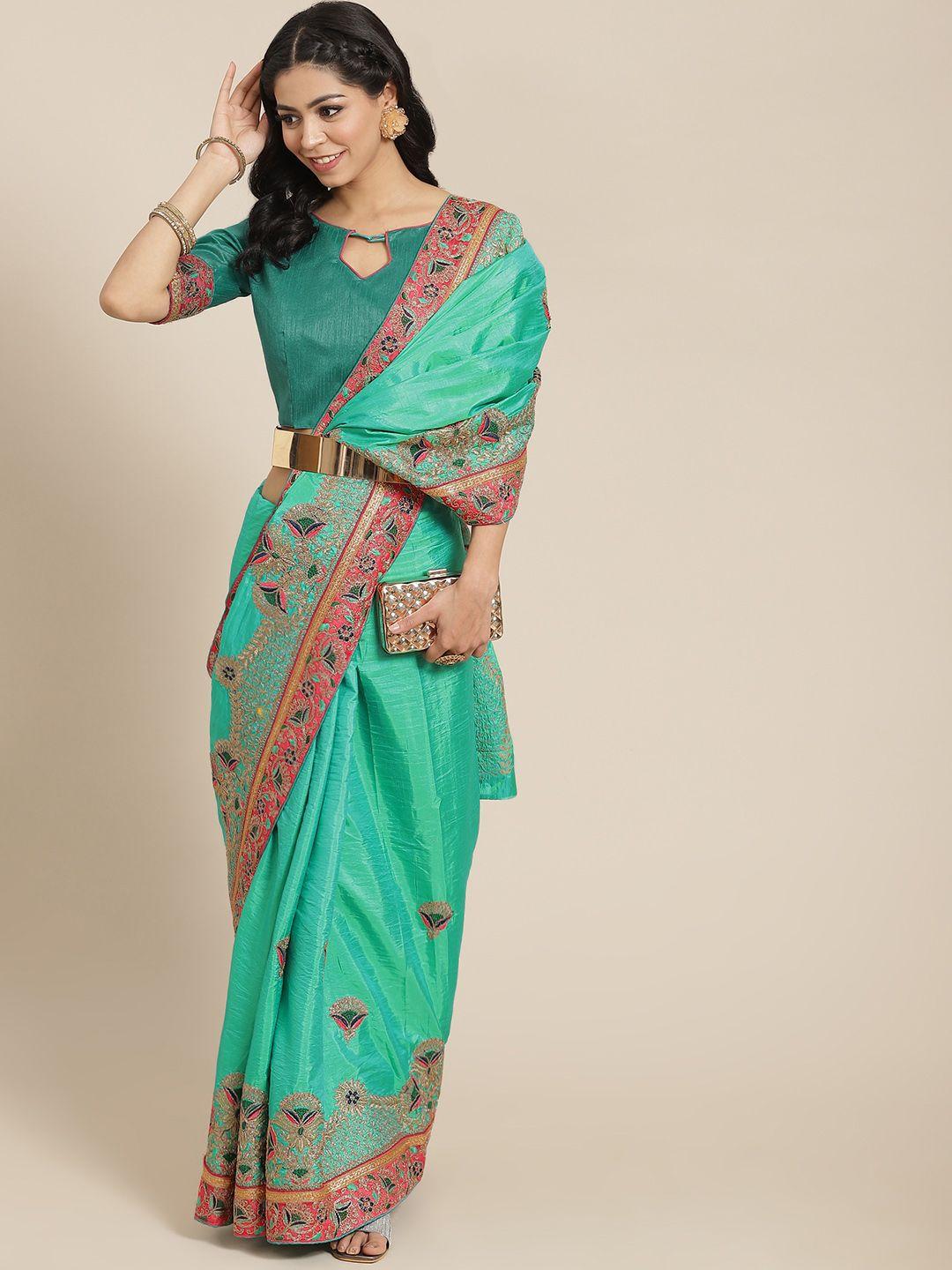 serona fabrics women blue & red ethnic motifs embroidered saree