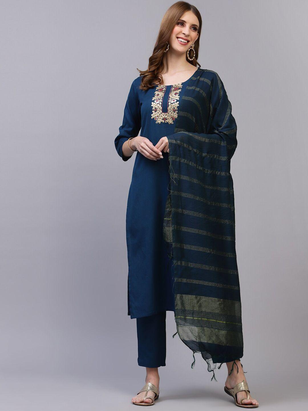 serona fabrics women blue embroidered kurta with trousers & with dupatta