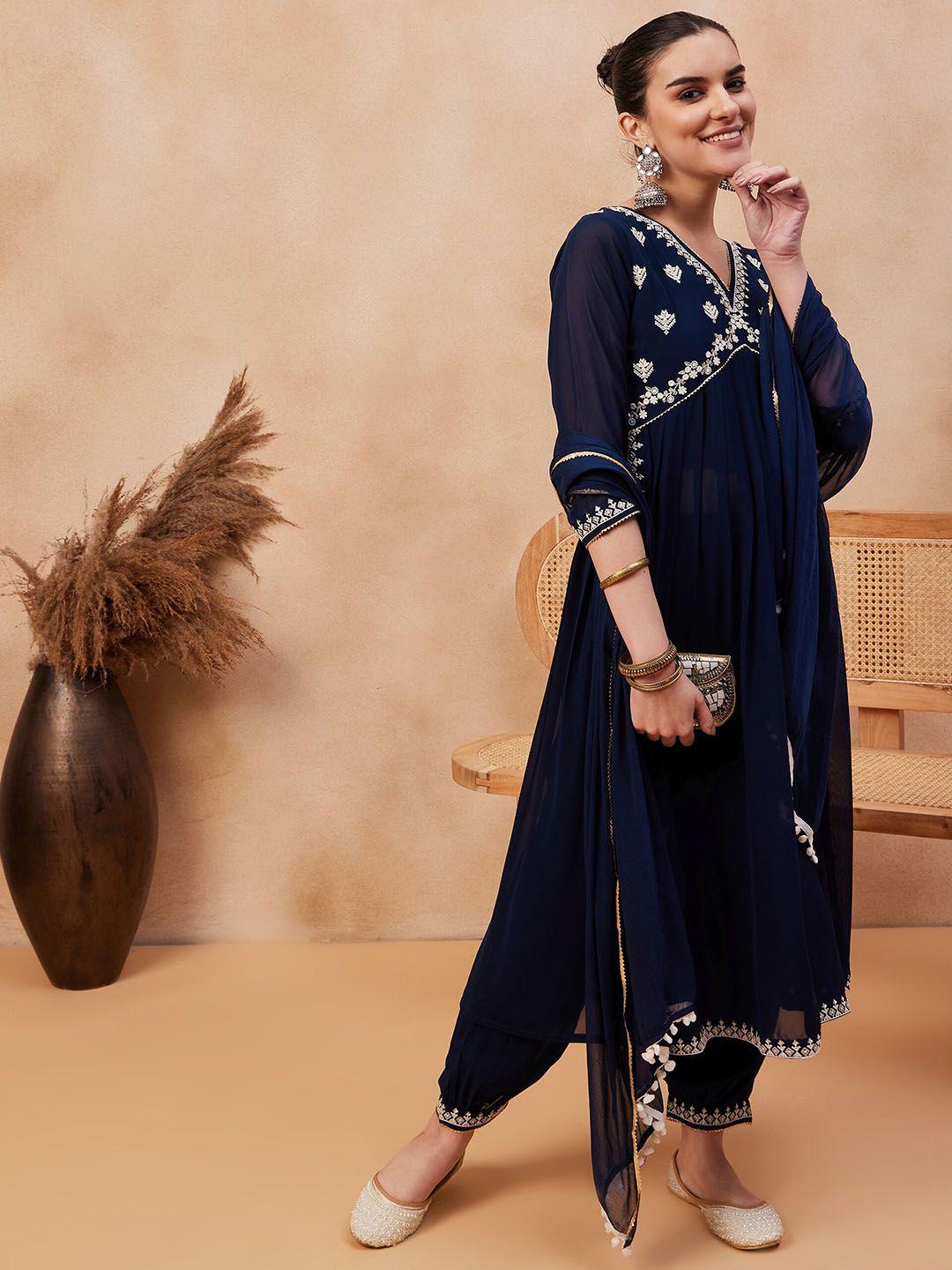 serona fabrics women blue floral embroidered empire sequinned kurta with trousers & with dupatta