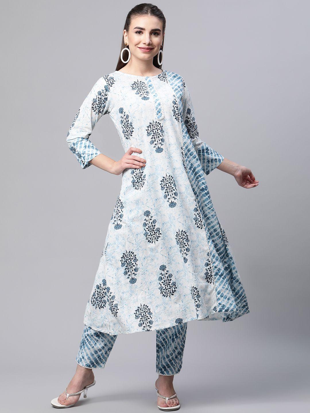 serona fabrics women blue floral printed pure cotton kurta with trousers