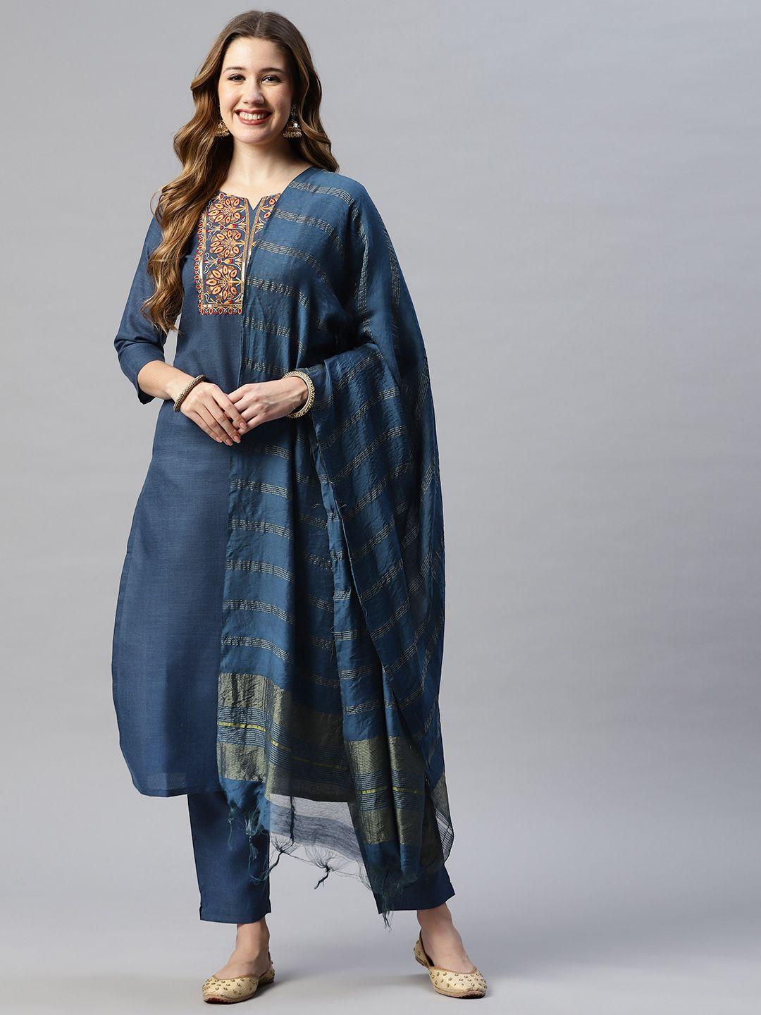 serona fabrics women blue floral yoke design thread work kurta with trousers & dupatta