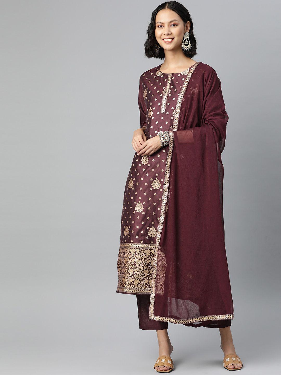 serona fabrics women burgundy floral printed chanderi silk kurta with trousers & dupatta